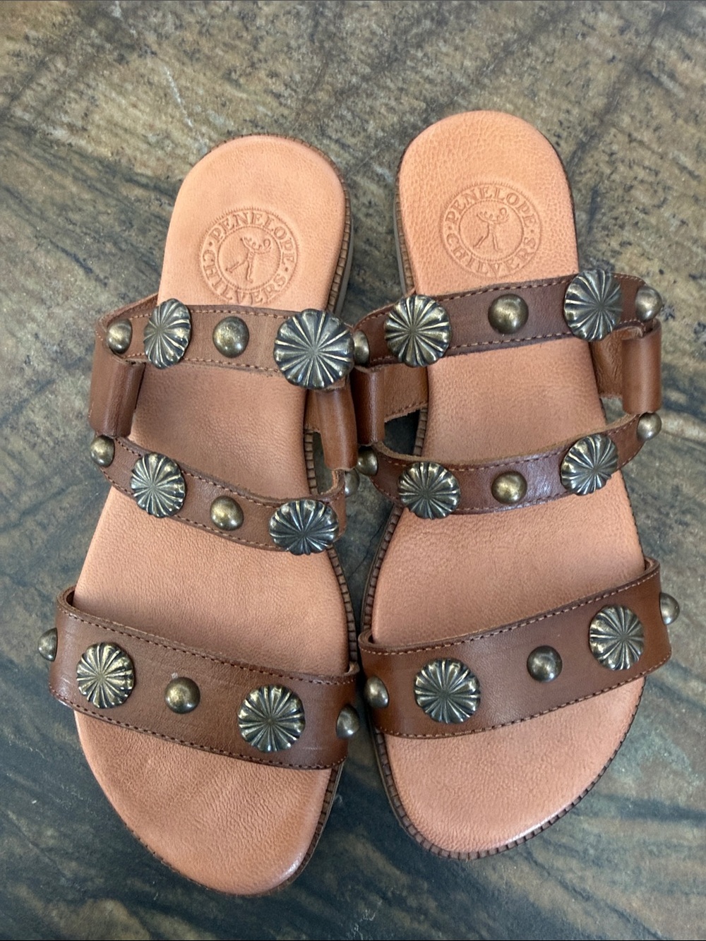 Penelope Chilvers bronze studded leather sandals. New in box.